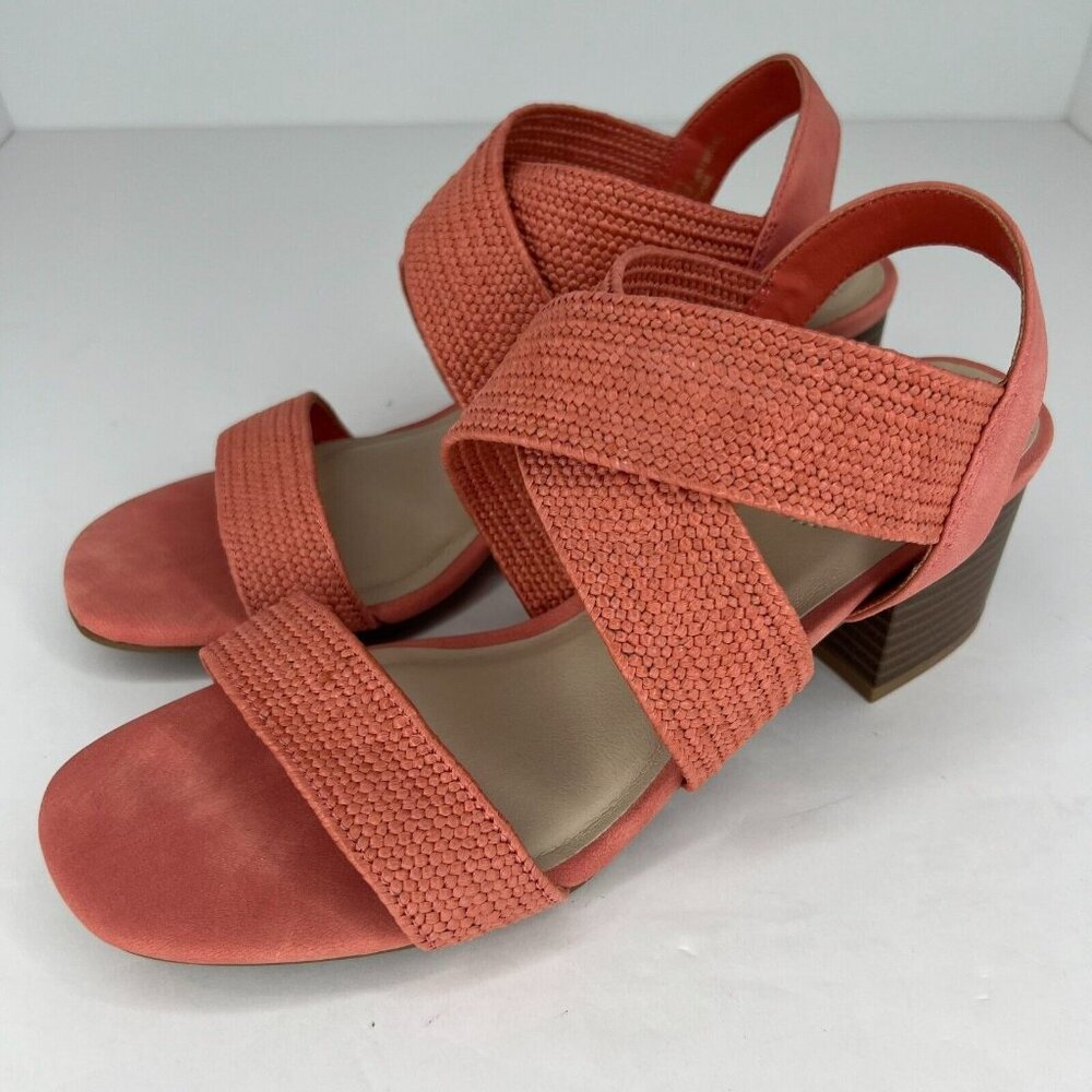 Comfort Womens Peach Criss Cross Block Heeled Size 7.5W Strappy Sandals